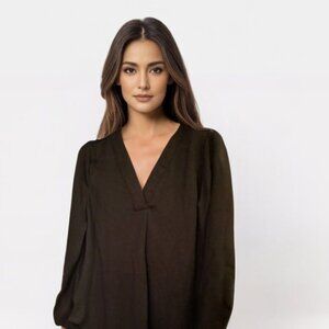 Women's Black Semi-Sheer V Neck Blouse Size L